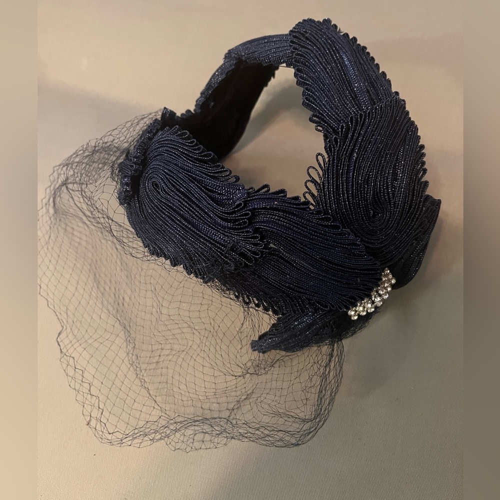 Vintage Sapphire Netted faacinator hat; early 1900’s. Features rhinestones!